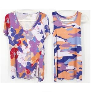 LOGO by‎ Lori Goldstein Womens Bundle Lot (2) Floral Blouse & Camo Tank Top XS